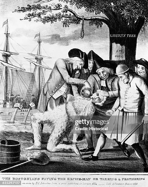 Print depicting the tarring and feathering of Boston Commissioner of Customs John Malcolm under the Liberty Tree by American patriots. The Boston Tea...