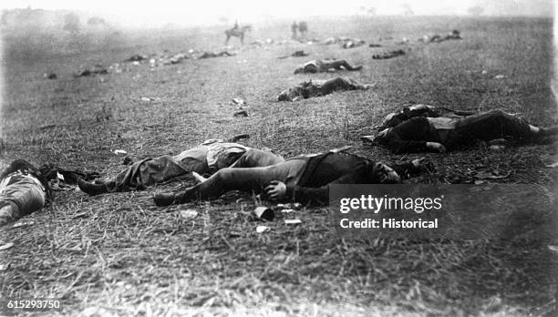 Federal soldiers lie dead in a field after the first day of fighting at the Battle of Gettysburg, where Confederate General Robert E. Lee's forces...