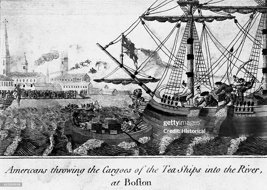Boston Colonial Riots Colonists dump tea into Boston Harbor in protest of the British tea ...
