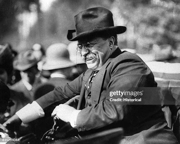 President Theodore Roosevelt , sitting in an automobile. Roosevelt succeeded as president after the death William McKinley and served for nine years,...