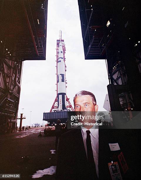 Director of NASA's Marshall Space Flight Center, Wernher von Braun watches the Saturn V facilities vehicle.
