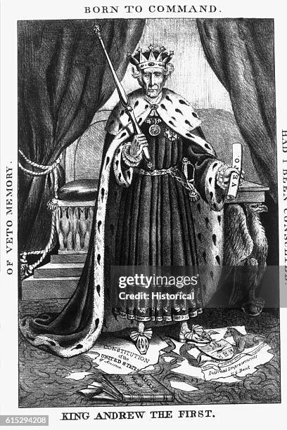 Political cartoon depicts President Andrew Jackson as King of the United States, with his veto power clasped in his hand.