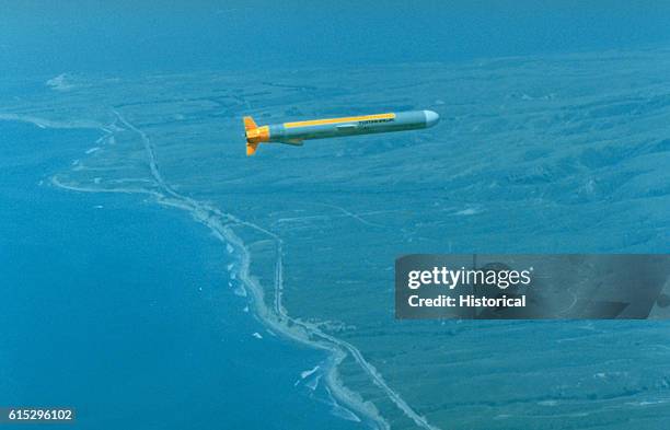 Tomahawk submarine-launched cruise cruise missile en route to its target on the Tonapah Test Range in Nevada. April 16, 1983.