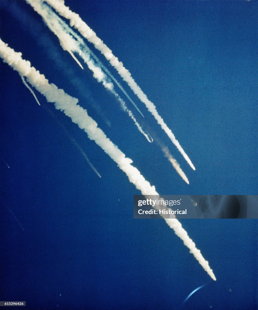 Challenger Disaster Exploding Streams of smoke follow hurtling debris after the explosion of the ...