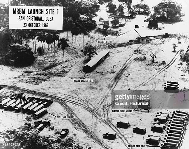 An aerial intelligence photograph of MRBM Launch Site 1 in San Cristobal, Cuba, showing missile erectors, fuel tank trailers, and oxidizer tank...
