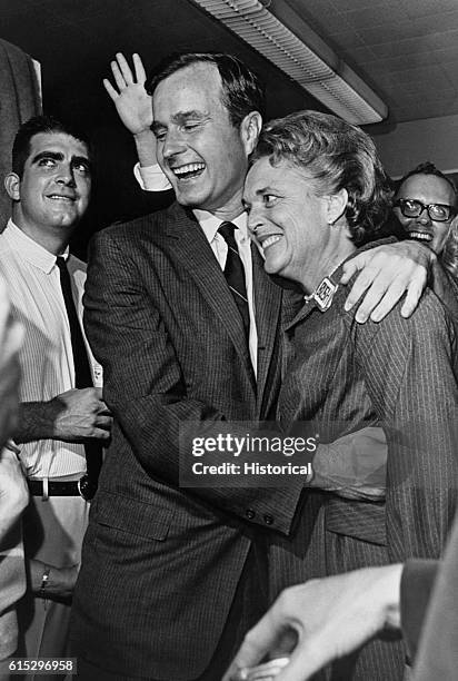 George Bush, his wife Barbara, and supporters on the night of his 1966 election to the House of Representatives for Texas' 7th Congressional District...