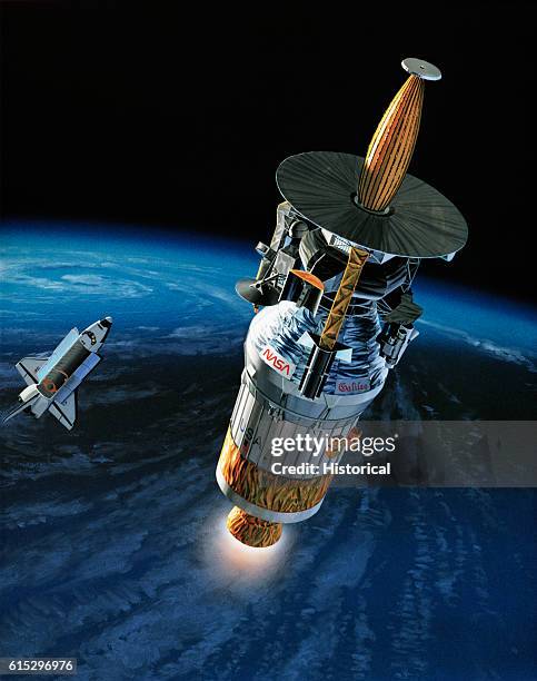 Artist's rendition of the interplanetary probe Galileo being released by the space shuttle above Earth.