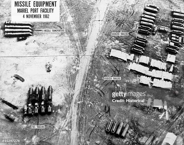 An aerial intelligence photograph taken of missile transporters, oxidizer trailers, and fuel trailers at the Mariel Port Facility in Cuba during the...