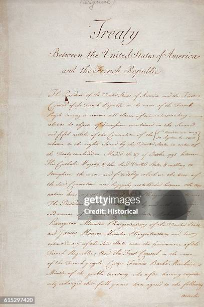 The first page of the Louisiana Purchase treaty of 1803, in which France sold the United States most of the land between the Rocky Mountains and the...