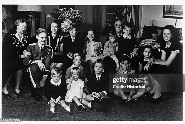 And ER with their grandchildren at the White House: front l-r Christopher R., Ann R., John Boettiger, Elliott R, Jr., Sara R.; 2nd row - Curtis R.,...
