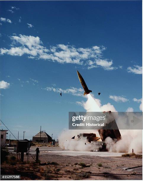 An missile blasting off from White Sands Missile Range, New Mexico, part of the Army Tactical Missile System.