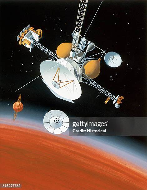 Artist's conception of a moment from the Cassini Mission, proposed for launch in April 1996. An interplanetary space probe descends towards Saturn's...