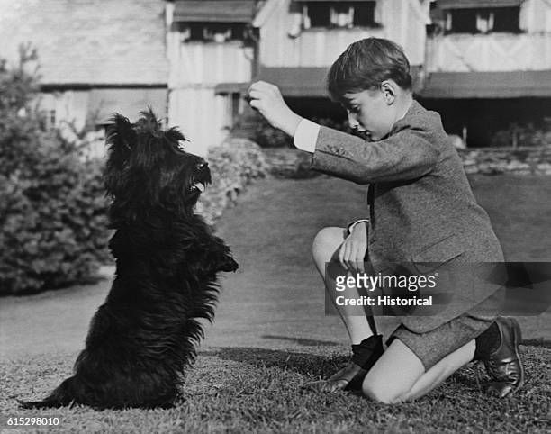 Prince Harald of Norway plays with Franklin D. Roosevelt's Scottish terrier, Fala, at Laura Delano's home in Rhinebeck, New York.