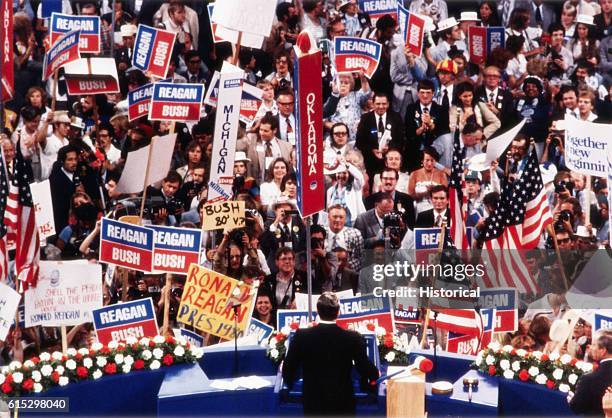 Ronald Reagan makes a speech at the Republican National Convention in Detroit, Michigan where he was nominated for president with George Bush as his...