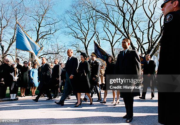 Lyndon B. Johnson, Lady Bird Johnson, and daughters in the funeral procession for President John F. Kennedy, November 25, 1963.