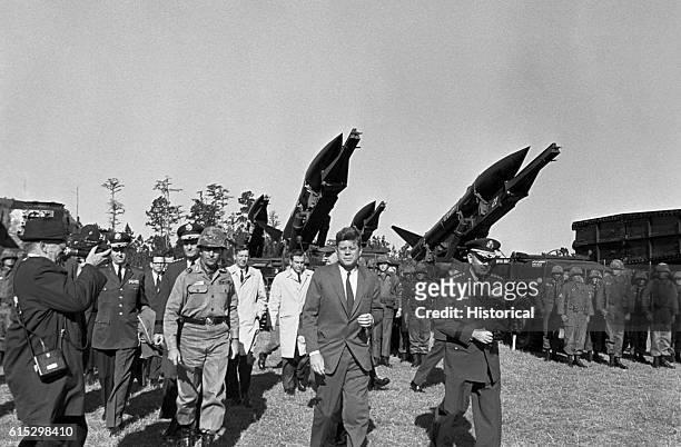 President John F Kennedy during an inspection tour of units staged at Fort Stewart, Georgia, 26th November 1962. With the president are Commanding...