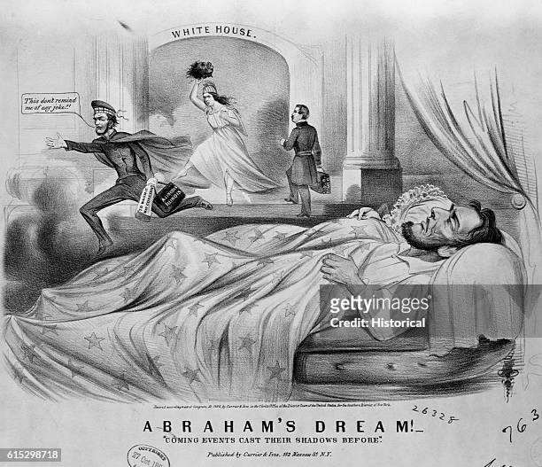In this cartoon, President Lincoln has a nightmare that he is defeated in the 1864 election. Liberty is shown holding the head of a black man and...