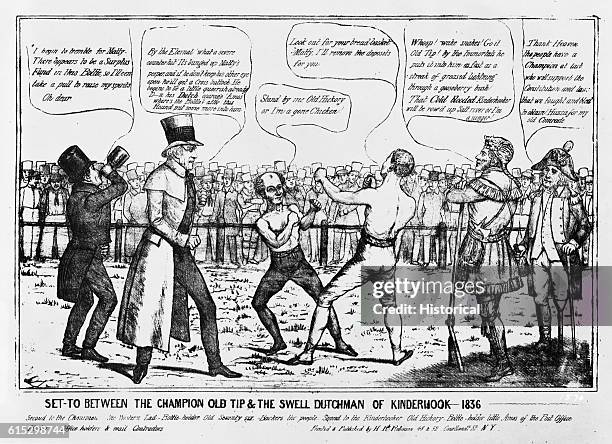 The cartoon caption reads: "Set to Between the Champion Old Tip & the Swell Dutchman of Kinderhook". Dated 1836.