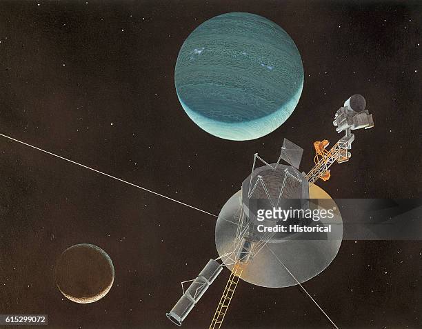 Painting of Voyager 2 spacecraft as it looks back upon Neptune and its moon Triton.