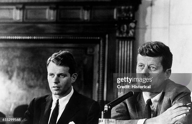 Robert Kennedy and John F. Kennedy at the Mclelllan Hearings, aimed at the Teamsters Union and its leader, Jimmy Hoffa. May 17, 1957.