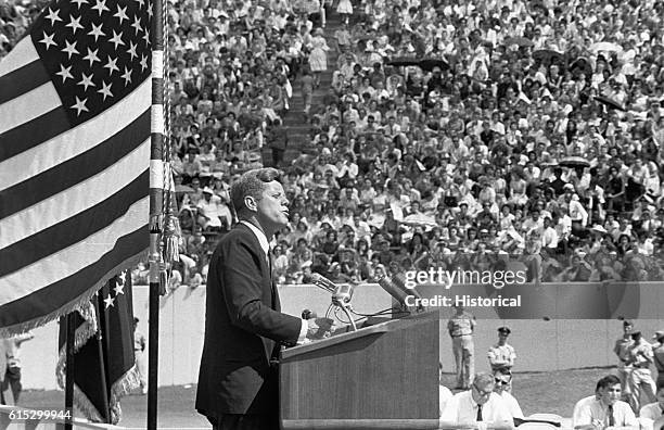 President Kennedy gives his 'Race for Space' speech at Houston's Rice University. Texas, September 12, 1962.