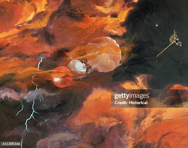 Artist's conception of the Galileo space probe entering the turbulent upper atmosphere of Jupiter.