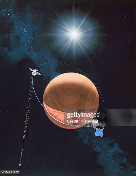 Artist's conception of the Magellan spacecraft in an elliptical orbit around Venus, illustrating the mapping and data transmission phases of the...