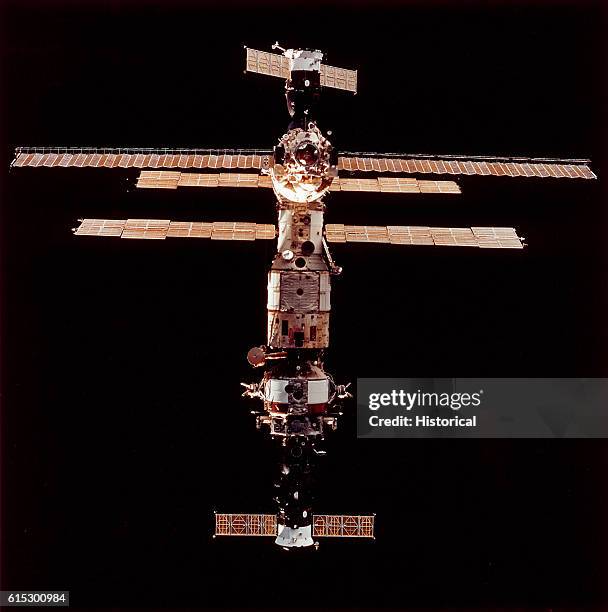 The Russian space station Mir before its encounter with the space shuttle Discovery February 6, 1995.