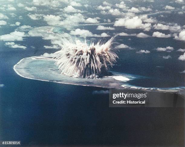 The physical fallout of debris from the "Seminole" blast, part of Operation REDWING on Enewetak Atoll in the Pacific Ocean, 6th June 1956. The weapon...