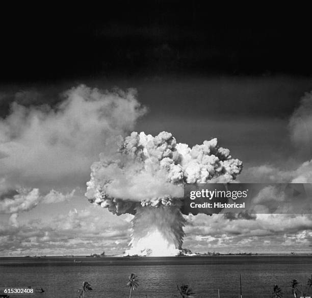 Tremendous mushroom cloud erupts in the Marshall Islands during the Able nuclear test.