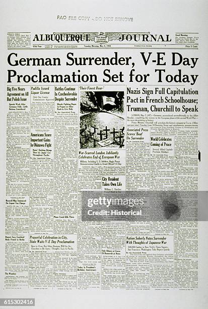 The front page of the Albuquerque Journal features a headline about V-E, the day of Germany's surrender to America, marking the end of World War II.