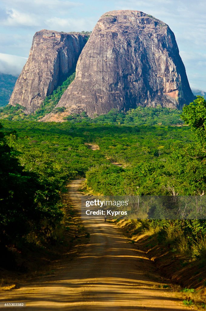 Africa, Southern Africa, Mozambique, View Of Beautiful Landscape With Unusual Hills And Dirt Track. While Taking This Photo, Teenage Passenger In Car Had Severe Fractured Leg And Was Bleeding Everywhere. The Gearbox Was Broken, And We Had A Four Hour Driv