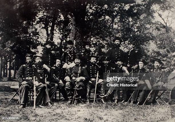 Major General William S. Rosecrans and his staff. Left to right are Lieutenant Colonel Arthur C. Ducat, Brigadier General James Barnett, Brigadier...