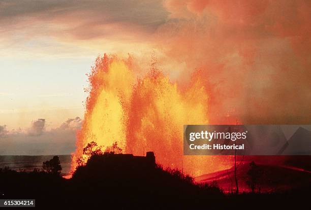 Lava fountains at Mauna Ulu, viewed from Pu' Huluhulu. | Location: Kilauea East Rift, Hawaii Volcanoes National Park, Hawaii, USA.