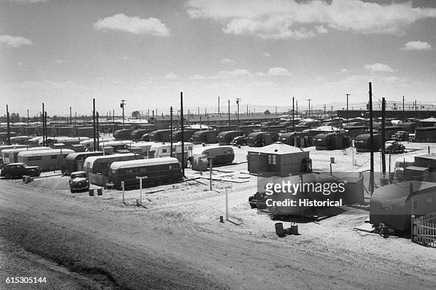 Scientists and other workers at Los Alamos National Laboratory are housed in residential areas such as this trailer park in the 1940s and 1950s.