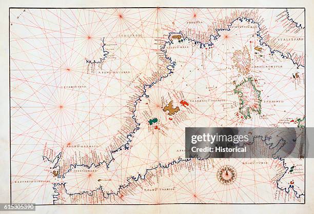 Vellum chart of the coastlines of the western Mediterranean, part of Agnese's atlas of 1544.