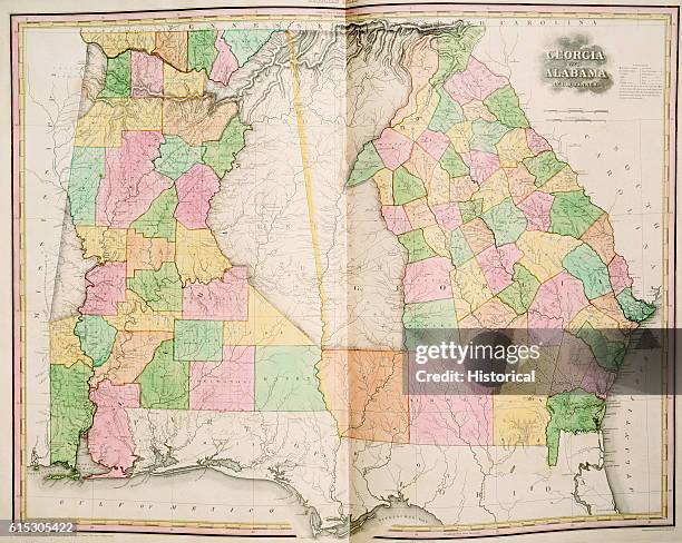 Map of Georgia and Alabama in 1823, prior to the Indian Removal Act of 1838, which forced out the Cherokee and Creek out of the Southeast to into the...