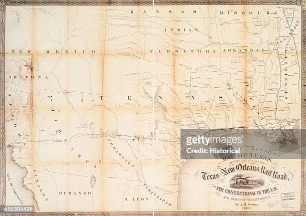Map showing the lines of the Texas and New Orleans Railroad, most of which ran along the Gulf Coast and the Mississippi River. 1860.