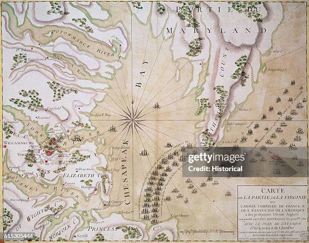 French map of Washington's victory over Cornwallis at the Battle of Yorktown in 1781. The battle ended 6 years of war and won American independence.