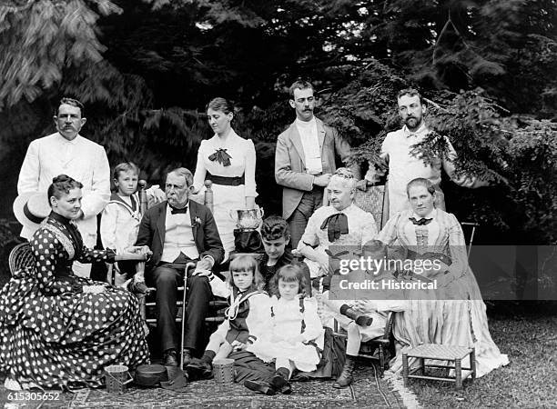 Young Franklin leans on his grandfather Warren Delano's chair, flanked by his father, James, and mother, Sarah, with Sarah's mother, Catherine,...