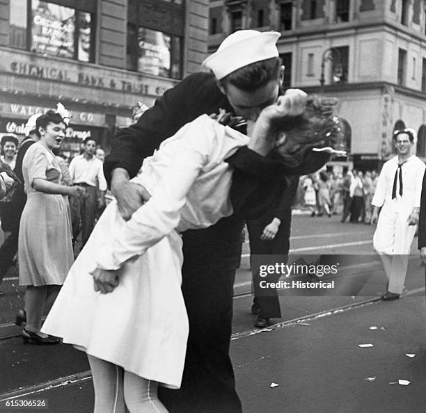 Sailor kisses a nurse passionately in Manhattan's Times Square as New York City celebrates the surrender of Japan on August 14, 1945. Kissing...