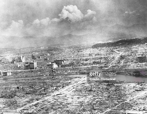 The city of Hiroshima, Japan, as it looked after an atomic bomb was dropped on it on August 6, 1945. The devastation from the blast site to 0.4 miles...