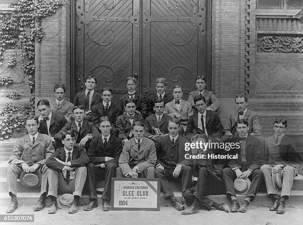 Franklin D. Roosevelt, front row, third from left, sits with fellow members of the Harvard Freshman Glee Club. | Location: Harvard University..