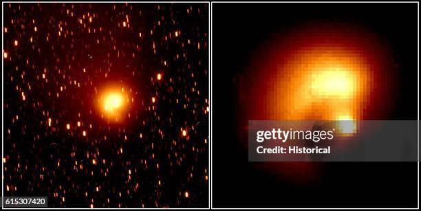 Two images of Comet Hale-Bopp. The one on the left is a color picture of the comet's nucleus against a background of stars. The righthand image is a...
