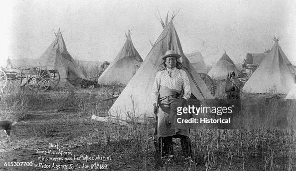Oglala Sioux Indian Standing in Front of Village
