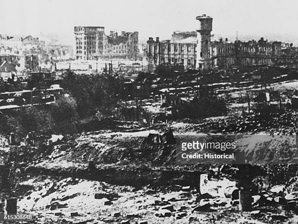 The battered city of Stalingrad as it looked during its siege by German forces in 1942 and 1943. Soviet forces eventually won this important battle...