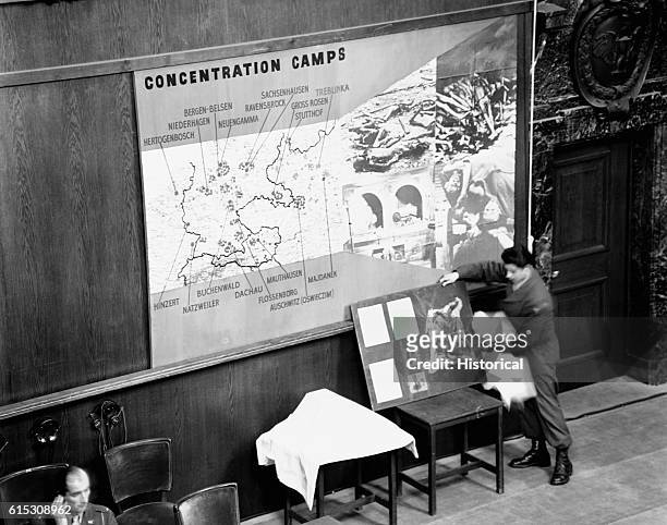 Evidence regarding concentration camps is presented at the Nuremberg war crimes trials, ca. 1945-1946.