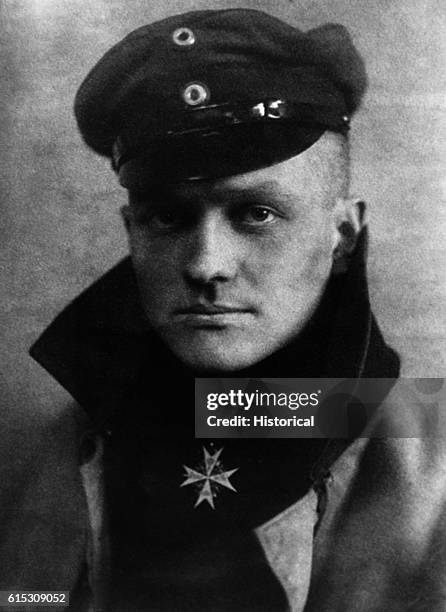 Portrait of Baron Captain Manfred von Richthofen, also known as the Red Baron, the greatest fighter pilot of World War I. Personally credited with...