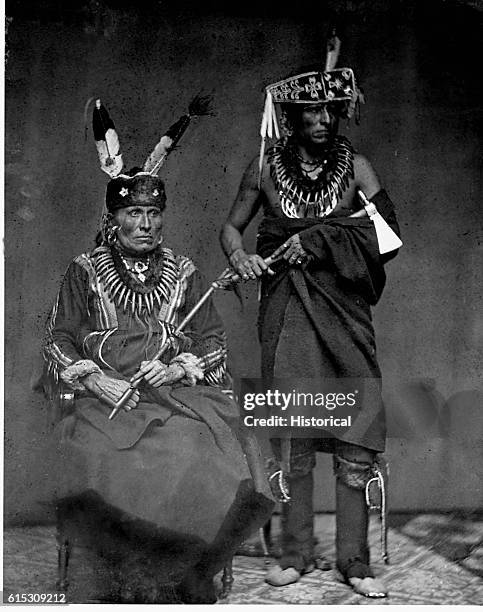 Two Pawnee chiefs who posed for Mathew Brady while visiting Washington D. C., 1858.