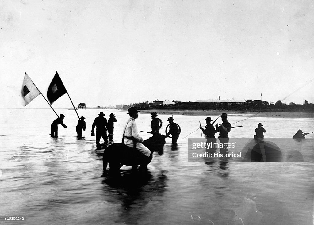 Signal Corps Extending Telegraph Lines into Ocean
